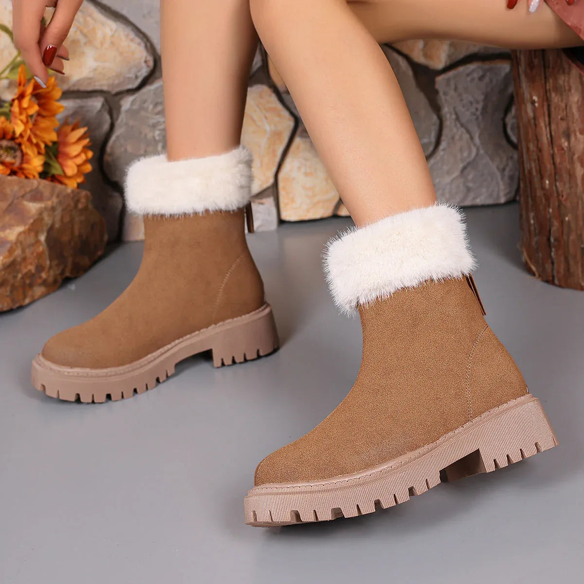 Square-heeled Snow Boots Winter Plus Velvet Platform Plush Shoes Fashion Warm Non-slip Mid-calf Boot For Women - DanaFashionstore