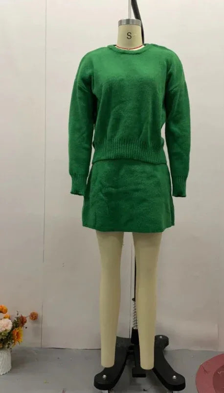 Sweater Skirt Sets For Women 2 Pieces Knit Casual Versatile Long Sleeve Pullover Elegant Solid High Waist Mini Skirt Outfit - DanaFashionstore