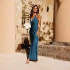Fashion Sexy Long V-neck Sleeveless Split Backless Sling Dress