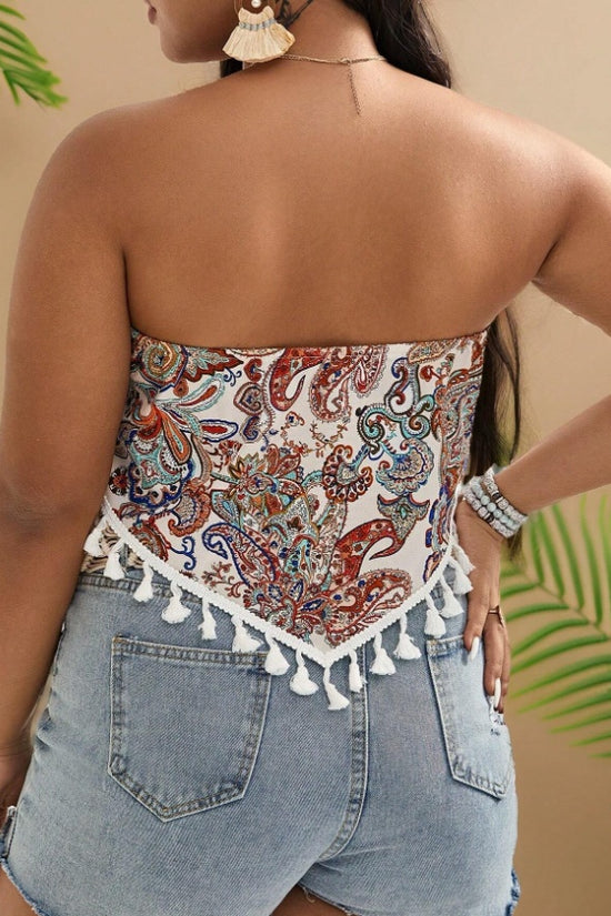 Plus Size  Print Tassel Trim  Summer Top