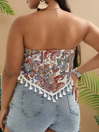 Plus Size Print Tassel Trim Summer Top - DanaFashionstore