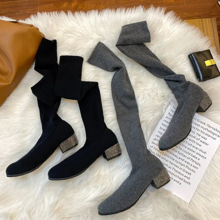 Womens Thigh High Stretch Breathable Pointed Toe Rhinestone Thick Heel Knitting Sock Boots - DanaFashionstore