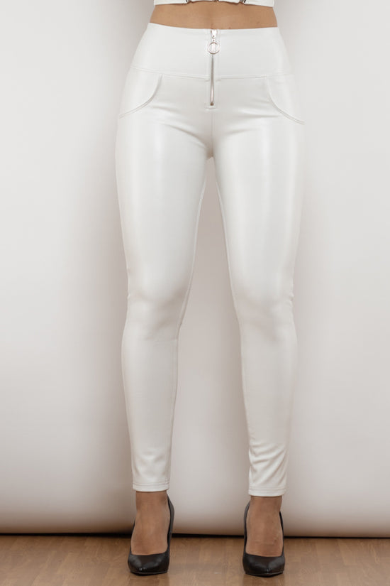Shascullfites Melody High Waist White Leather Butt Lifting Pants Ladies Thermal Leggings With Zipper - Dana Fashion