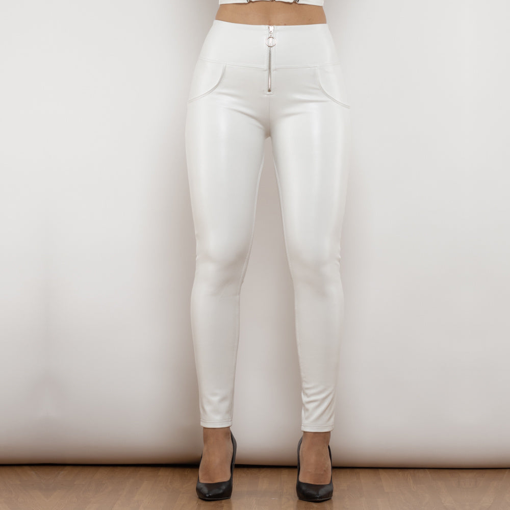 Shascullfites Melody High Waist White Leather Butt Lifting Pants Ladies Thermal Leggings With Zipper - Dana Fashion