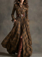 Ins Plaid Print Long-Sleeved Dress Fashion Pockets Collared Buttons Shirt Long Dresses Retro Women's Clothing - DanaFashionstore