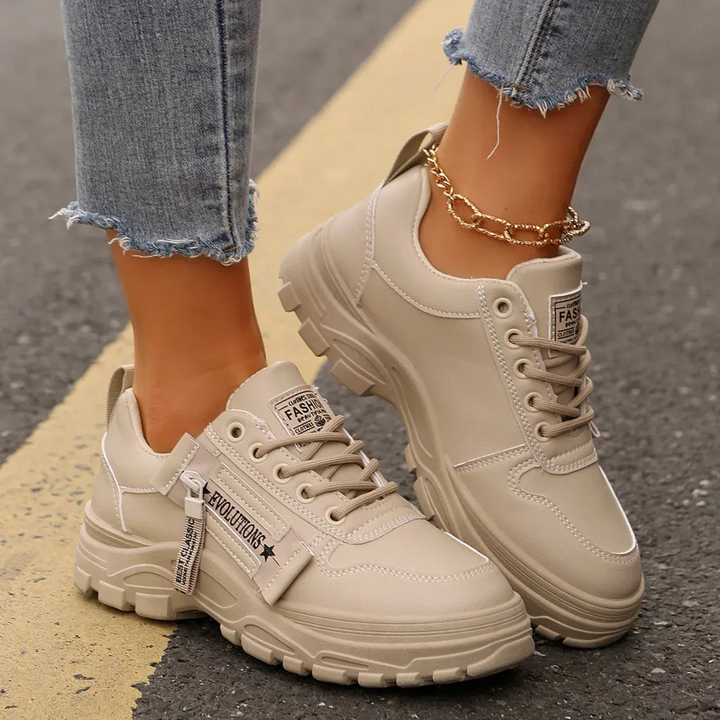 Lace-up Sports Shoes With Side-Zipper Design Fashion Thick-soled Round-toe Casual Shoes For Women Sneakers - DanaFashionstore