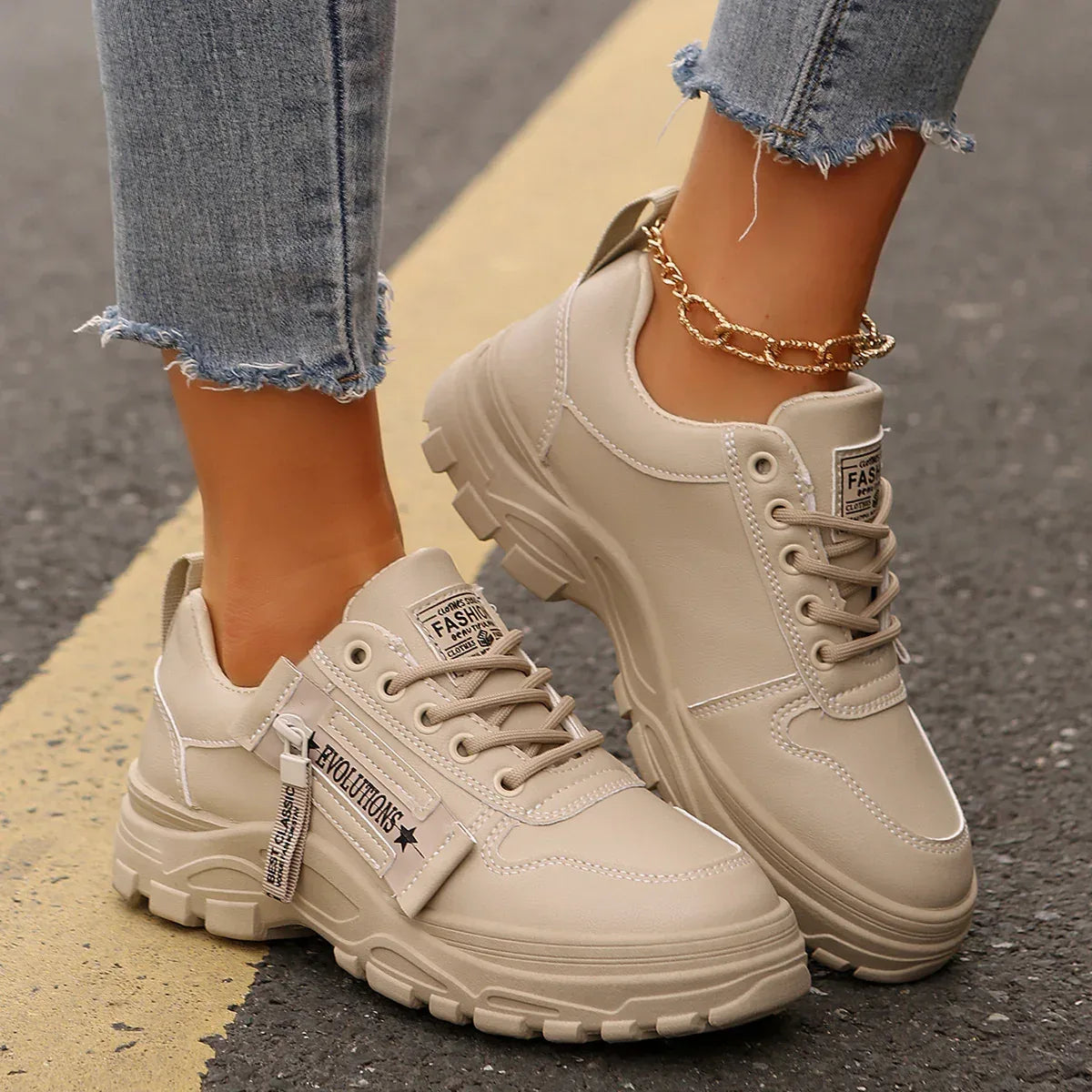 Lace-up Sports Shoes With Side-Zipper Design Fashion Thick-soled Round-toe Casual Shoes For Women Sneakers - DanaFashionstore