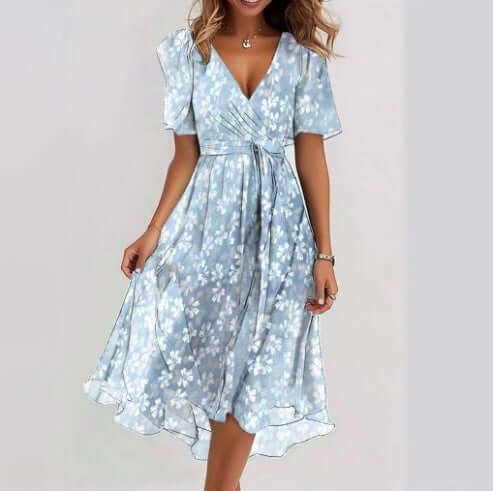 Chiffon Printed Short Sleeve Dress Summer Elegant V-neck Dresses Womens Clothing $50.34 Dana Fashion Color: Aqua blue Size: L Women's clothing Overview: Unique design, stylish and beautiful. Good material, comfortable wear. A variety of colors, any choice