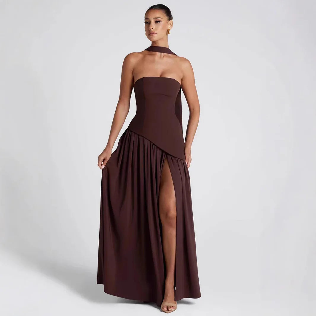 Fashion Sexy Backless Tube Top Pure Color Split Dress - DanaFashionstore