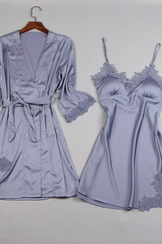Long Sleeve Ice Silk Sling Nightgown Suit - Dana Fashion