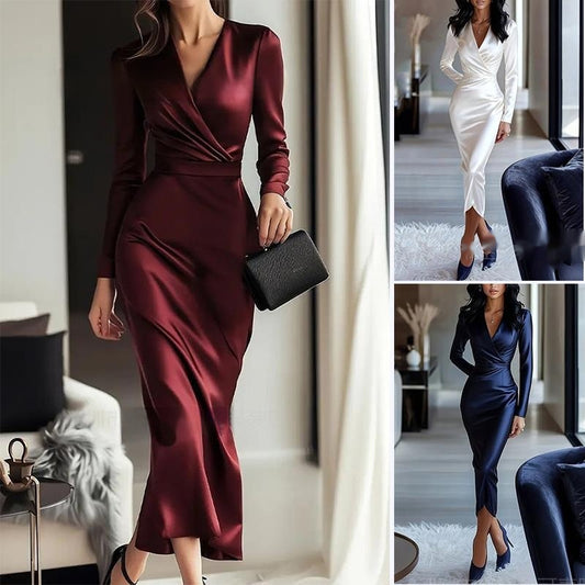 Womens Solid-Color Satin V-Neck Bodycon Dress With A High-End Finish
