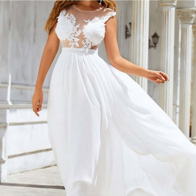 Chiffon Lace Trailing Wedding Large Swing Dress $52.47 Dana Fashion Color: White size: 2XL Women's clothing Product information: Fabric name: chiffon Applicable scenario: Wedding Color: White Sleeve type: sleeveless Main fabric composition: Polyester (pol