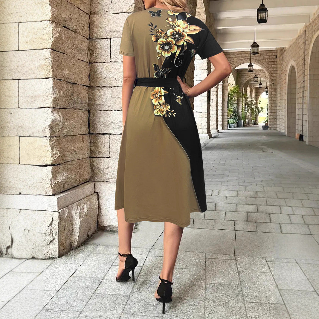 Women's Clothing Temperament Crew Neck Printed Dress - Dana Fashion