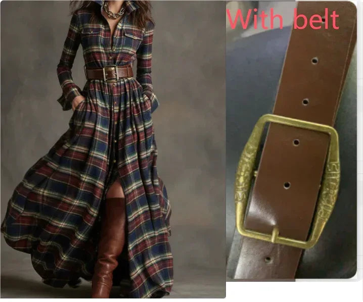 Ins Plaid Print Long-Sleeved Dress Fashion Pockets Collared Buttons Shirt Long Dresses Retro Women's Clothing - DanaFashionstore