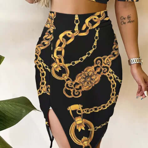 Women's Chain Low Neck Open Belly Half Skirt Set $65.99 Dana Fashion Colour: MU Size: L Women's clothing Quantity per package: 1 piece Sleeve Length:Short Sleeveless Season: summertime Style: casual Shape: fit Stretch: lightweight Care instructions: not d