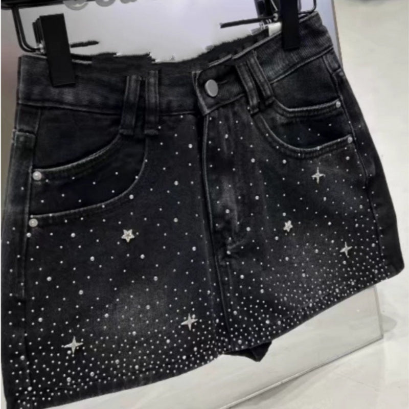 Retro Rhinestone Bright Star River Slim-fit Slimming Denim Skirt - Dana Fashion