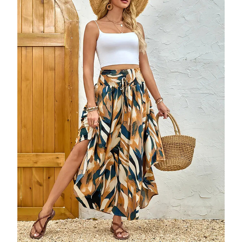Women's High Elastic Waist Midi Skirt Casual Summer Trendy Tie Front Flowy Floral Print Beach Long Skirt - Dana Fashion