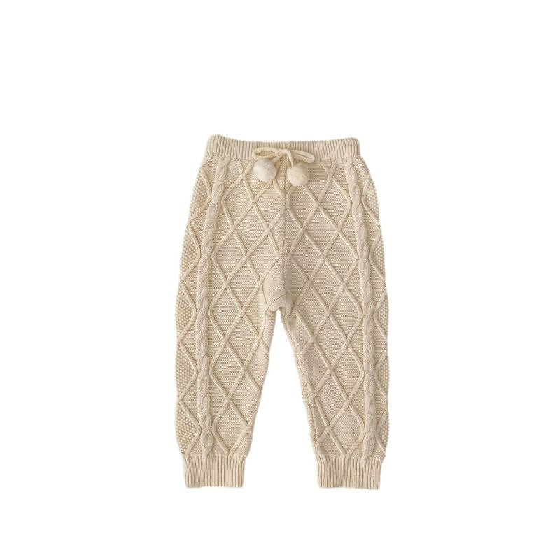 Baby Boys And Girls Rhombus Knitted Pure Beam Long Pants $39.91 Dana Fashion Color: Apricot White Suitable For Height: 100cm Baby Clothing Product information: Pattern: plaid, solid color Color: Ugyen, apricot White Pants length: trousers Fly opening: hai