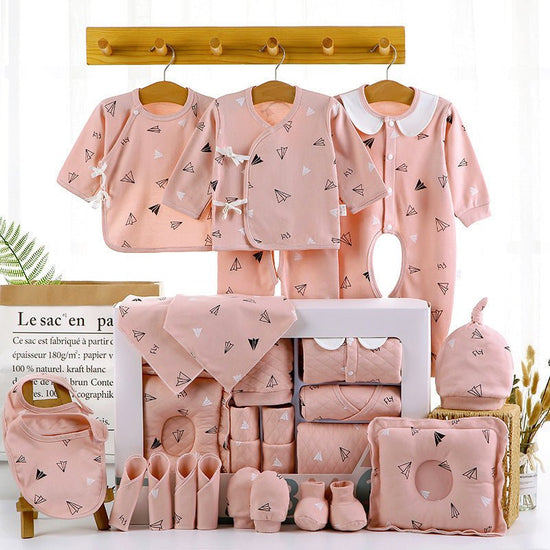 Baby cotton clothes gift box $97.50 Dana Fashion Color: B 18pink Baby Clothing Applicable gender: neutral/male and female Gift box content: clothing + accessories / supplies Fabric technology: sanding, soft treatment Closed style: single-breasted Pattern: