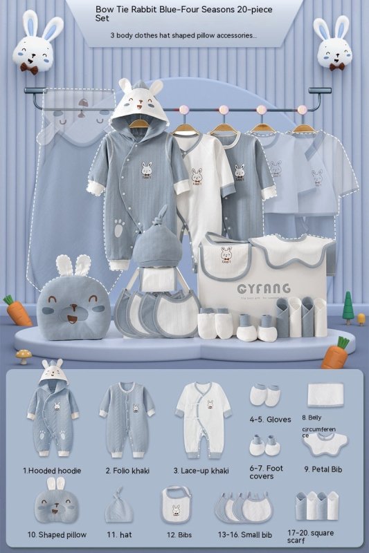 Baby Fashion Simple Newborn Gift Set $73.22 Dana Fashion Color: Rabbit Four Seasons Blue Suit Height: 59cm style: 20PCS Set Baby Clothing Product information: Pattern: Cartoon Fabric name: Cotton Main fabric composition: Cotton Applicable gender: neutral/