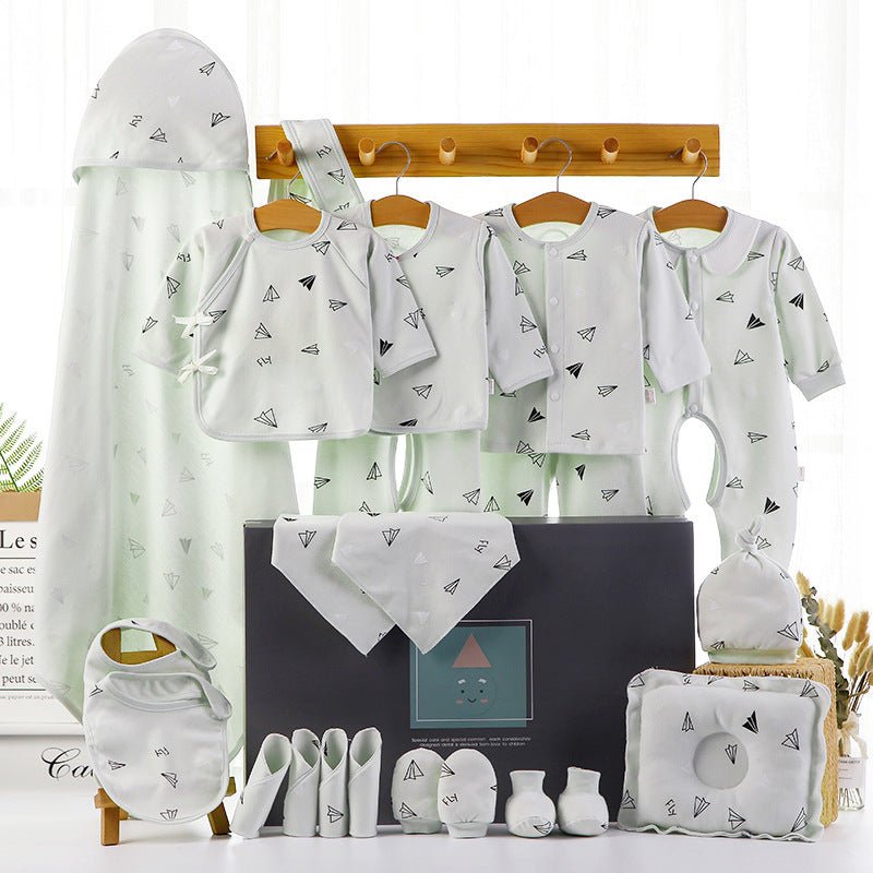 Baby Gift Box Set Cotton Newborn Clothes $70.81 Dana Fashion Color: Green style: 18piece set Size: One size Baby Clothing Product information: Material: pure cotton Style: Chinese Color: 22 sets of four seasons pink, 18 sets of four seasons pink, 22 sets