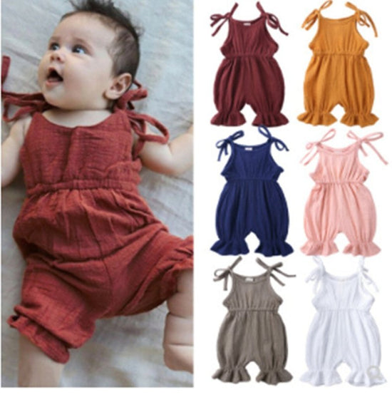 Baby Girl Clothes Romper Jumpsuit Halter Summer Outfit $15.94 Dana Fashion Color: Blue Size: 100cm Baby Clothing Product Information: Fabric: Pure Cotton (Content 100%) Style: Leisure Applicable Gender: Female Clothing Placket: Hedging Sleeve: Sleeveless