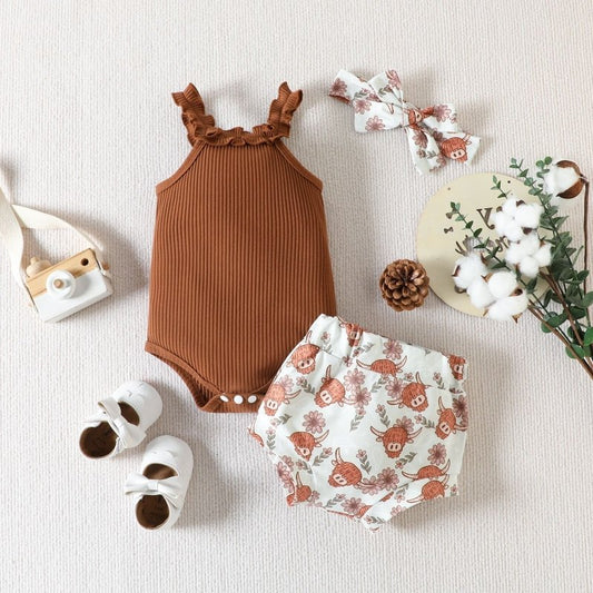 Baby Girl Clothing Ruffle Sleeveless Romper $23.50 Dana Fashion Color: Light Brown Suit Height: 100cm Baby Clothing Product information: Pattern: animal, flower Color: light brown Pants length: Shorts Suit type: shirt and pants Fabric name: Cotton Number