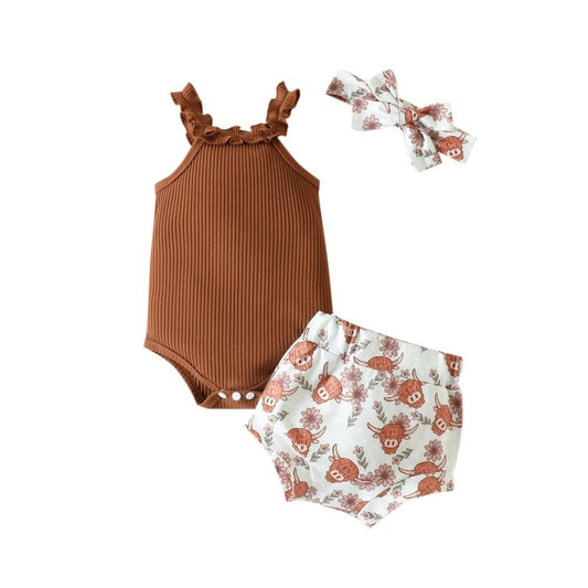 Baby Girl Clothing Ruffle Sleeveless Romper $23.50 Dana Fashion Color: Light Brown Suit Height: 100cm Baby Clothing Product information: Pattern: animal, flower Color: light brown Pants length: Shorts Suit type: shirt and pants Fabric name: Cotton Number