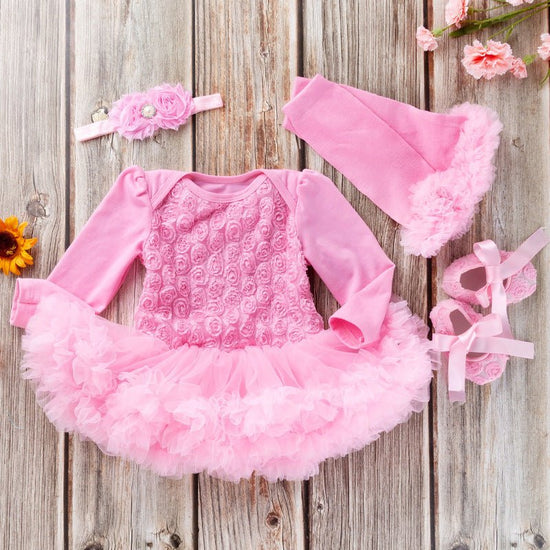 Baby Long Sleeve Compound Rose Romper Dress $29.50 Dana Fashion Color: Pink Size: 59 Baby Clothing Applicable gender: female Suit type: skirt suit Number of sets: multiple sets Gift box content: clothing + shoes + accessories / supplies Suitable age: Newb