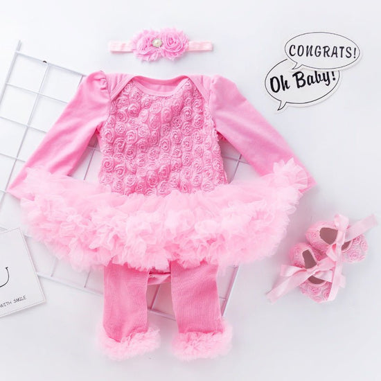 Baby Long Sleeve Compound Rose Romper Dress $29.50 Dana Fashion Color: Pink Size: 59 Baby Clothing Applicable gender: female Suit type: skirt suit Number of sets: multiple sets Gift box content: clothing + shoes + accessories / supplies Suitable age: Newb