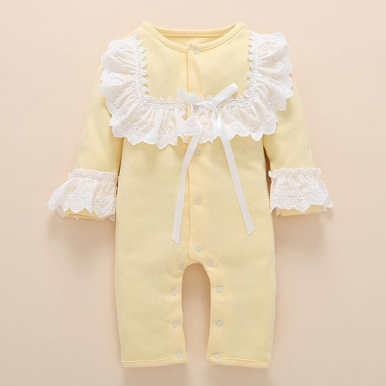 Baby One-Piece Clothes, Female Treasure Romper, Infant Clothing $25.50 Dana Fashion Color: Yellow Size: 12m Baby Clothing Product material: Fabric name: Cotton Main fabric composition: Cotton Main fabric ingredient content: 90 (%) Size Information： size D