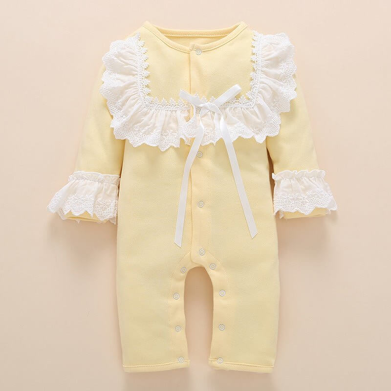 Baby One-Piece Clothes, Female Treasure Romper, Infant Clothing $25.50 Dana Fashion Color: Yellow Size: 12m Baby Clothing Product material: Fabric name: Cotton Main fabric composition: Cotton Main fabric ingredient content: 90 (%) Size Information： size D