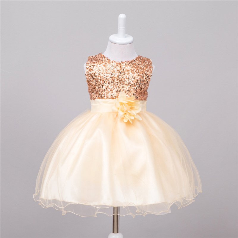 Baby Sequin Dress Flower Girl Wedding Princess Dress $25.86 Dana Fashion Color: Champagne Size: L Baby Clothing Product information: Material: Polyester F iber (Polyester) Style: P rincess Features: Dresses Colour: White，Pink , Blue, Green, Red, Gray，Dark