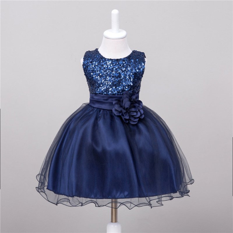 Baby Sequin Dress Flower Girl Wedding Princess Dress $25.86 Dana Fashion Color: Dark blue Size: L Baby Clothing Product information: Material: Polyester F iber (Polyester) Style: P rincess Features: Dresses Colour: White，Pink , Blue, Green, Red, Gray，Dark