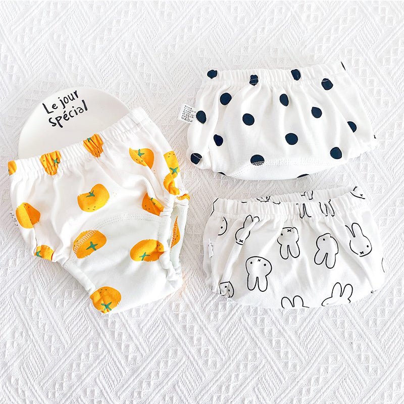 Baby's 6-layer Gauze Breathable Diaper Training Pants $30.61 Dana Fashion Color: Orange Wave Dot Rabbit Size: L Baby Clothing Product information: Material: cotton Size: 90/M 8-12kg, 100/L 9-18kg Waist shape: high waist Color classification: grey wave lov