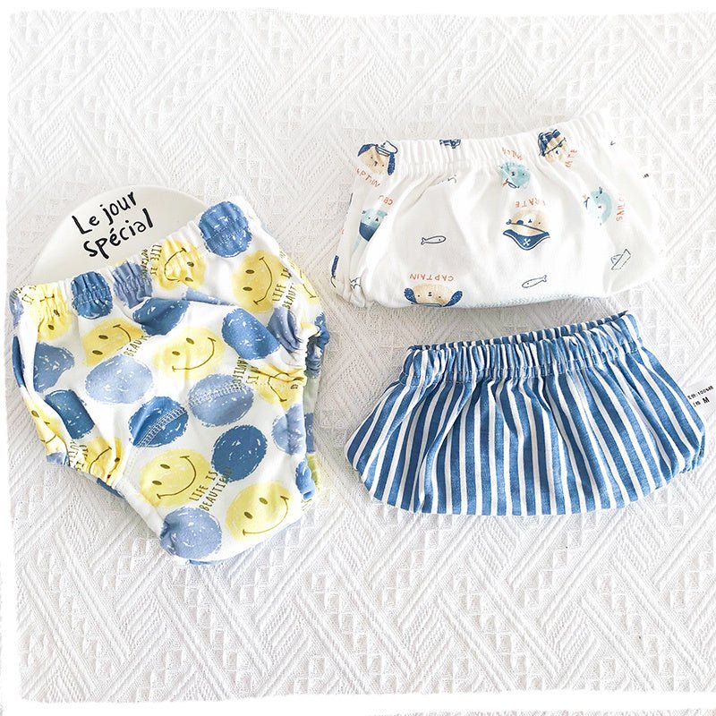 Baby's 6-layer Gauze Breathable Diaper Training Pants $30.61 Dana Fashion Color: Vertical smiling dog Size: L Baby Clothing Product information: Material: cotton Size: 90/M 8-12kg, 100/L 9-18kg Waist shape: high waist Color classification: grey wave love