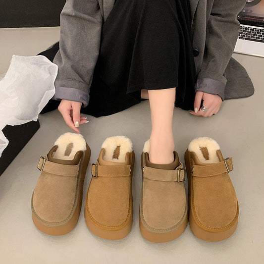 Back Strap Two-way Thick-soled Furry Half Slippers $78.50 Dana Fashion Color: Camel Size: 35 Women's shoes Product information: Lining material: artificial velboa Toe holder shape: round head Color: khaki, camel Shoe Upper material: Suede Size: 35,36,37,3