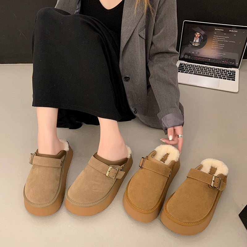 Back Strap Two-way Thick-soled Furry Half Slippers $78.50 Dana Fashion Color: Camel Size: 35 Women's shoes Product information: Lining material: artificial velboa Toe holder shape: round head Color: khaki, camel Shoe Upper material: Suede Size: 35,36,37,3