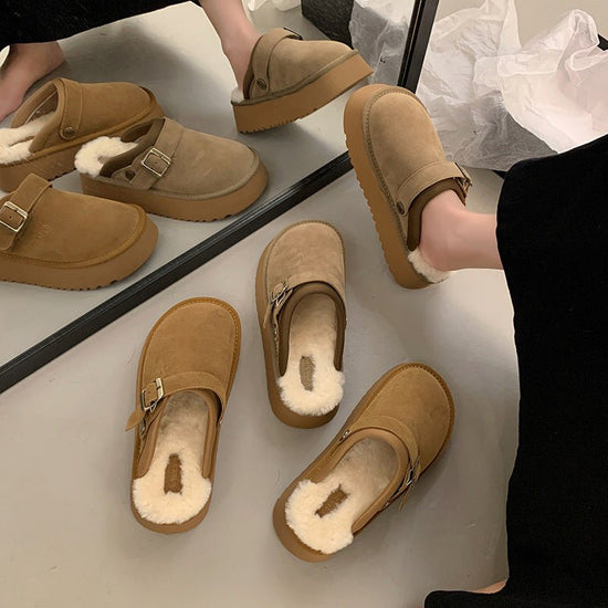 Back Strap Two-way Thick-soled Furry Half Slippers $78.50 Dana Fashion Color: Camel Size: 35 Women's shoes Product information: Lining material: artificial velboa Toe holder shape: round head Color: khaki, camel Shoe Upper material: Suede Size: 35,36,37,3