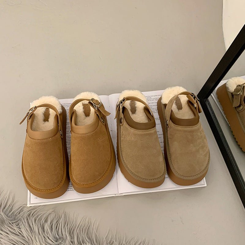 Back Strap Two-way Thick-soled Furry Half Slippers $78.50 Dana Fashion Color: Camel Size: 35 Women's shoes Product information: Lining material: artificial velboa Toe holder shape: round head Color: khaki, camel Shoe Upper material: Suede Size: 35,36,37,3