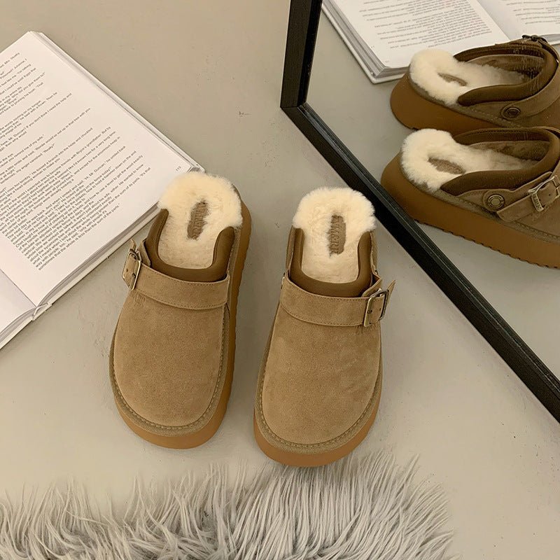 Back Strap Two-way Thick-soled Furry Half Slippers $78.50 Dana Fashion Color: Khaki Size: 35 Women's shoes Product information: Lining material: artificial velboa Toe holder shape: round head Color: khaki, camel Shoe Upper material: Suede Size: 35,36,37,3