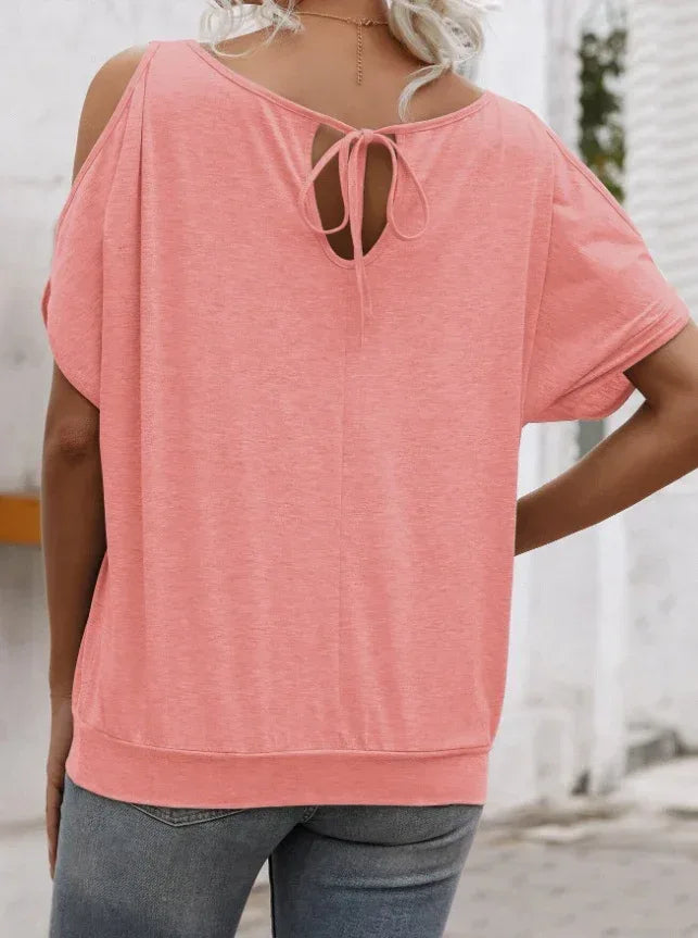 EMERY ROSE Solid Cold Shoulder Tie Back Top - DanaFashionstore