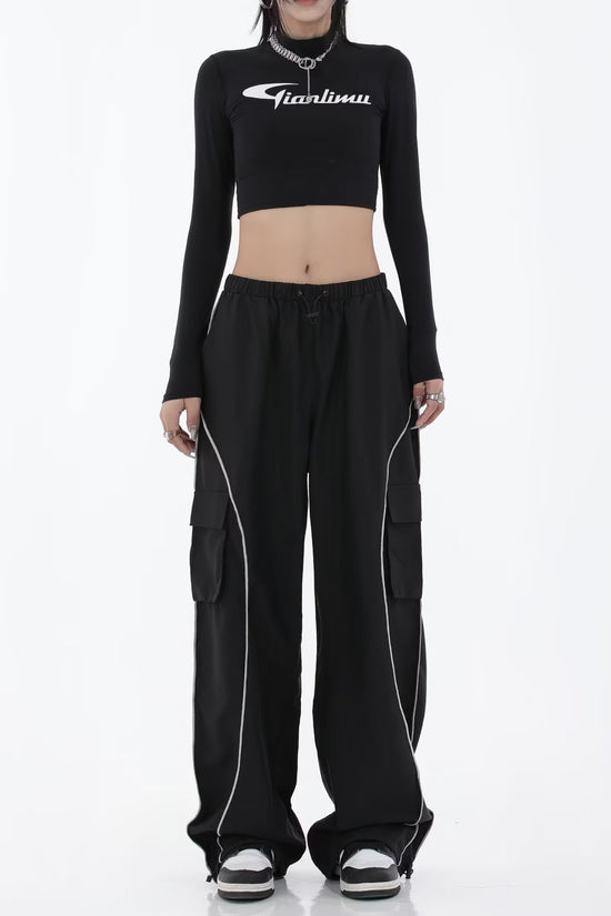 Black Mechanical Style Loose Retro Design Low Waist Casual Pants For Women