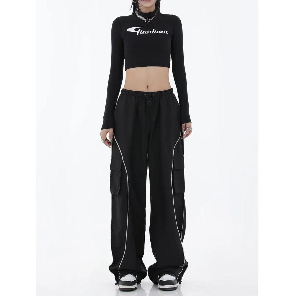 Black Mechanical Style Loose Retro Design Low Waist Casual Pants For Women - DanaFashionstore
