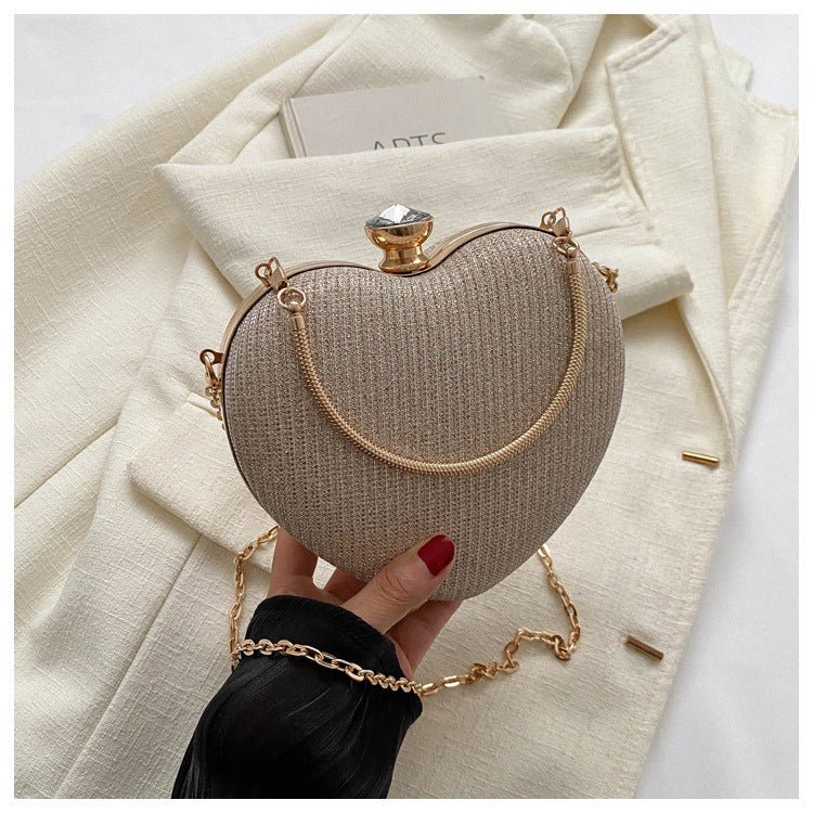 Banquet Bag Love Chain Shoulder Crossbody Handbag Valentines Day Outfit $24.15 Dana Fashion Color: Gold Women's Bags Product information: Lining texture: synthetic leather Color: pink, gold, black, silver, soft shell sequins White Hardness: medium hard Ma