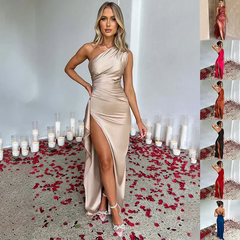 Sexy One-shoulder Backless Slit Dress Summer Elegant Slim-fit Solid Color Satin Dresses For Women - DanaFashionstore