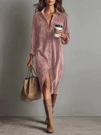 Turn-Down Collar Buttons Chic Casual Dress, Women Spring Autumn Solid Simple Party Dress, Long Sleeve Holiday Ladies Dress - DanaFashionstore
