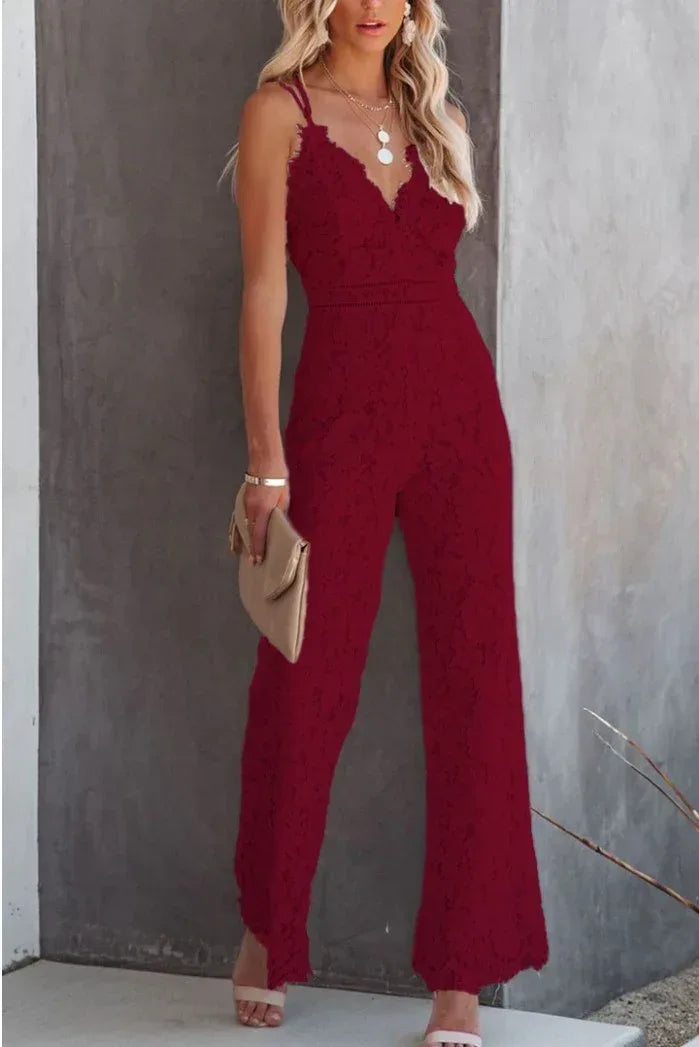 Solid Color Lace Stitching Sleeveless Casual Suspender Jumpsuit - DanaFashionstore