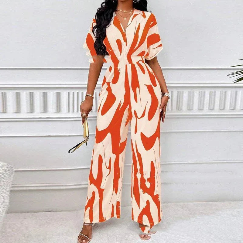 V-neck Loose Printed Long Jumpsuit - DanaFashionstore