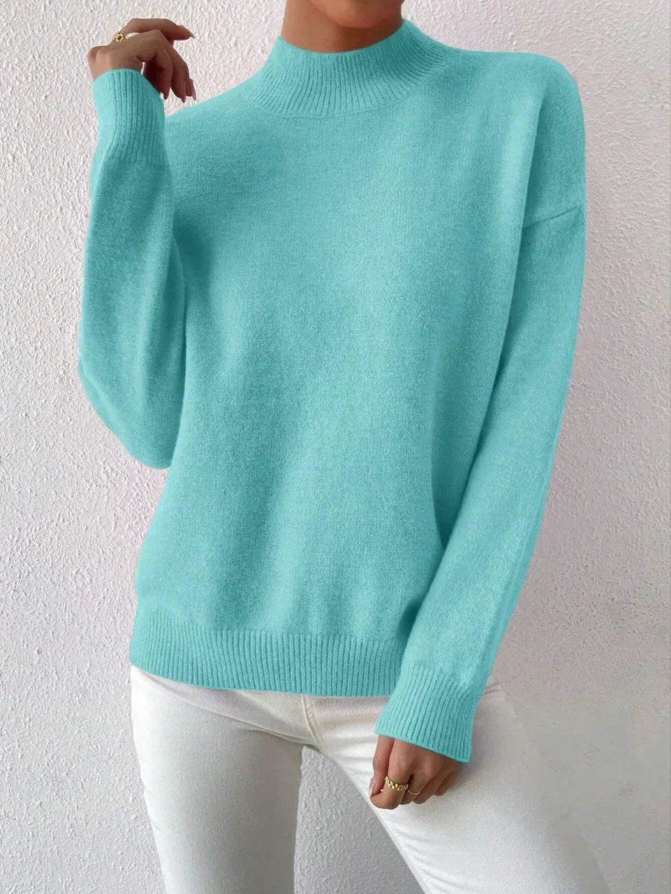 Women's Pullover Sweater Casual Solid Color Mid-high Neck Long-sleeved Knitted Tops Clothing - DanaFashionstore